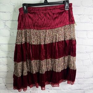 CELUI Celle Bohemian Velour Tiered Burgundy Skirt Medium NWT